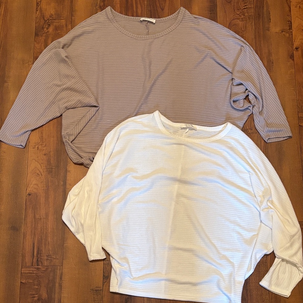 Zenana Outfitters Long Sleeve Ribbed Tops - Taupe and White